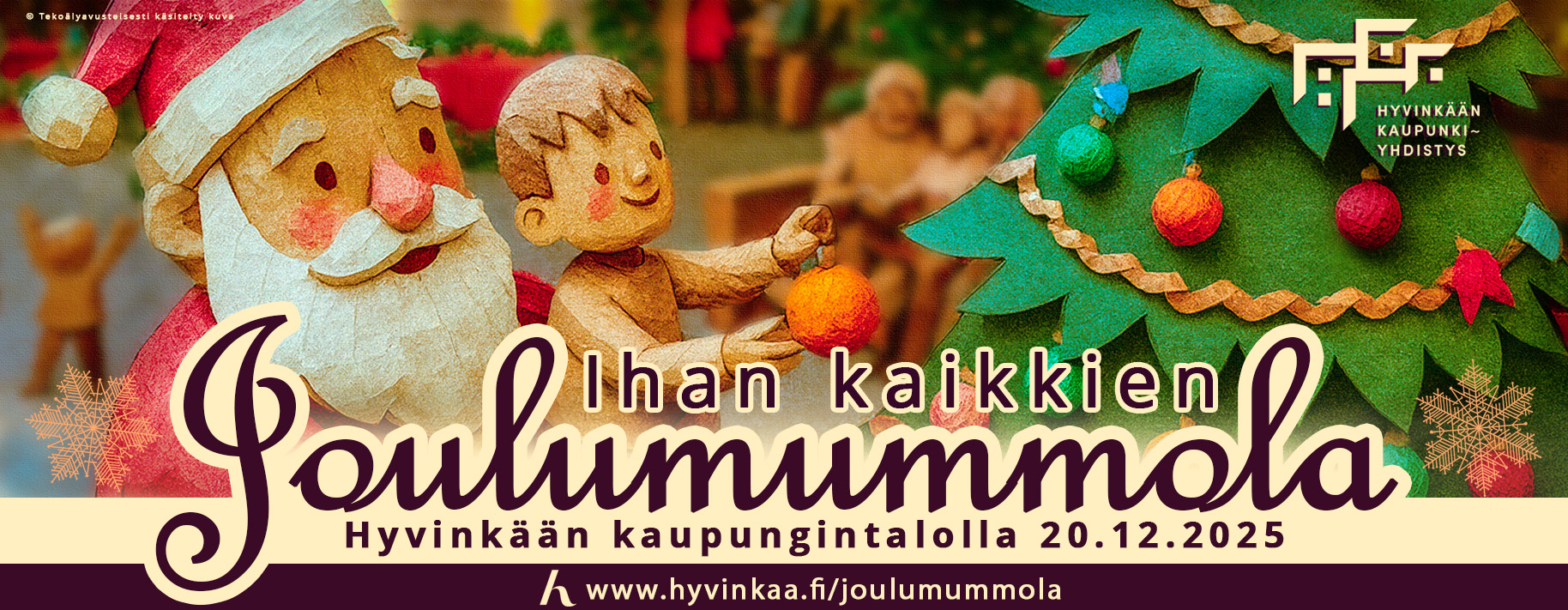 Kuvassa on lämminhenkinen, satumainen joulubanneri, jossa näkyvät tonttumaiset hahmot, joulukuusi ja teksti “Ihan kaikkien Joulumummola – Hyvinkään kaupungintalolla 20.12.2025