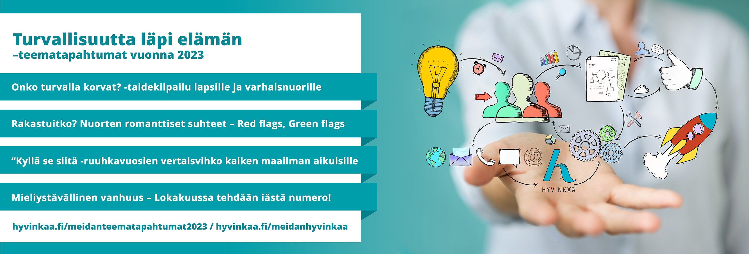 Meidän Hyvinkää –kärkihankkeen teematapahtumat vuonna 2023: Onko turvalla korvat? -taidekilpailu lapsille ja varhaisnuorille, Rakastuitko? Nuorten romanttiset suhteet – Red flags, Green flags, ”Kyllä se siitä -ruuhkavuosien vertaisvihko kaiken maailman aikuisille, Mieliystävällinen vanhuus – Lokakuussa tehdään iästä numero!