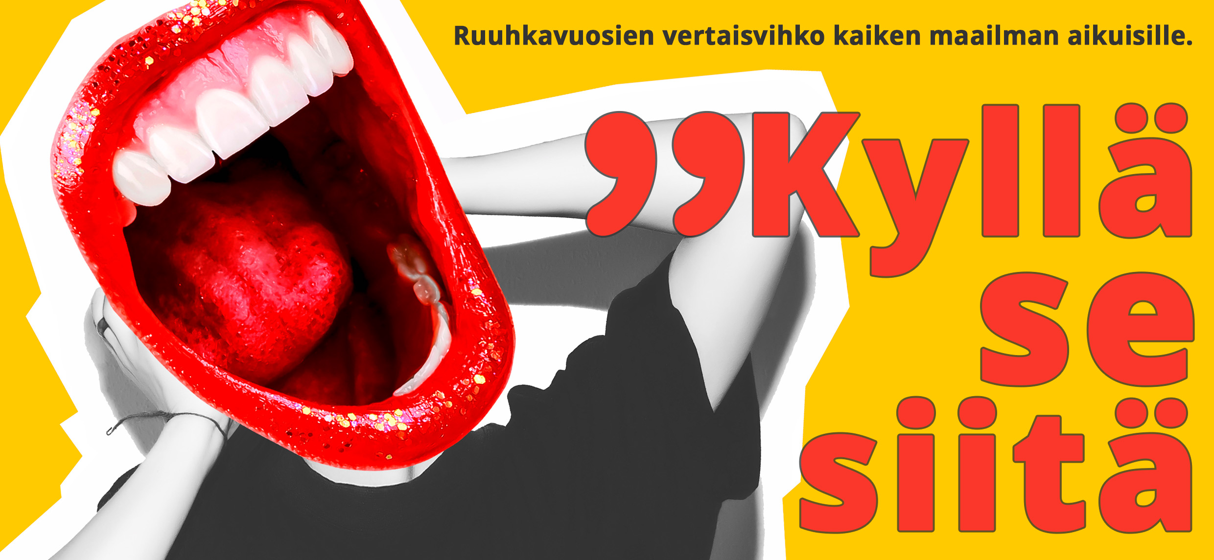 Kuvassa huutava suu sekä teksti "kyllä se siitä, ruuhkavuosien vertaisvihko aikuisille.