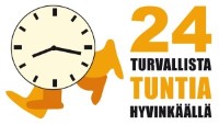 Kuvassa kello, jolla jalat ja teksti 24 turvallista tuntia Hyvinkäällä
