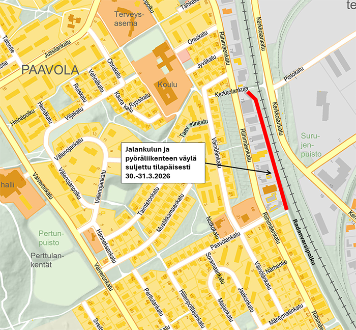 Kartta: Radanvarsipolku suljettu.