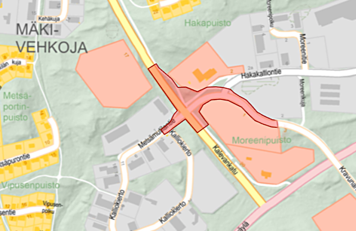Karttakuva Kalevankatu-Hakakalliontie-Kravunarkunkatu -työmaa-alueesta.