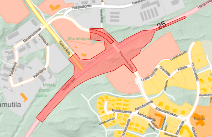 Karttakuva Kalevankadun ja Hangonväylän liittymän työmaa-alueesta.