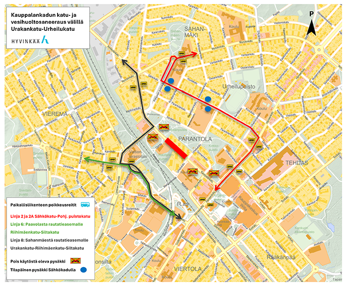 Kartta: Kauppalankadun saneerauksen aikaiset paikallisliikenteen poikkeusreitit.