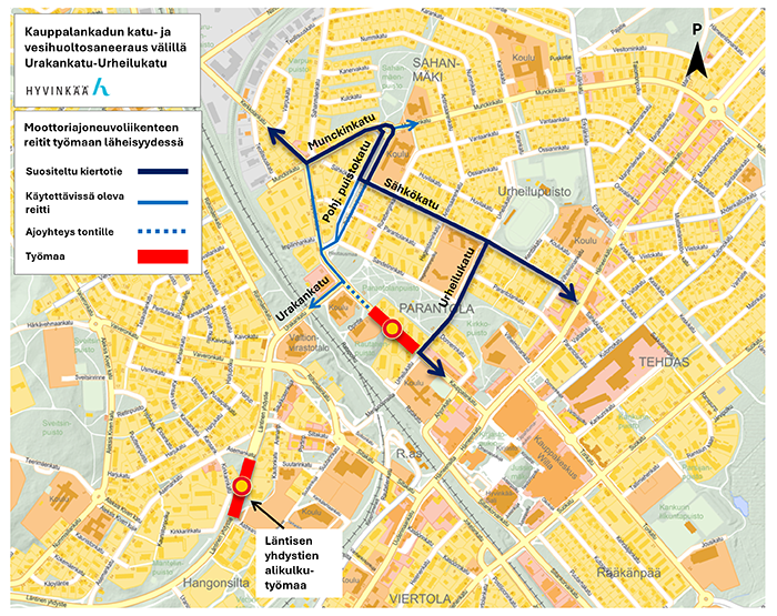 Kartta: Kauppalankadun saneeraustyön aikaiset liikennejärjestelyt.