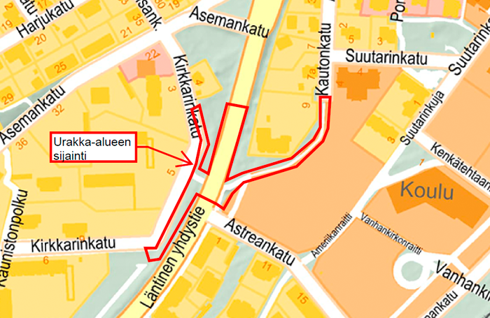 Läntisen yhdystien urakka-alueen sijainti kartalla.