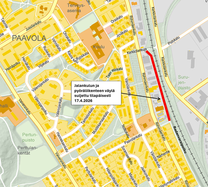 Karttakuva, johon merkitty Radanvarsipolun työalue.