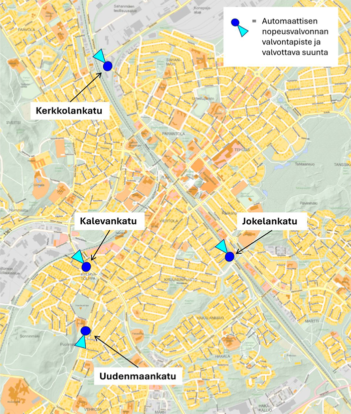 Liikennenopeuksia automaattivalvontapisteet kartalla.