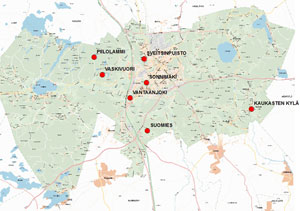 Kuvassa luontopolkujen paikat