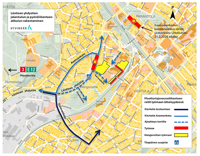 Läntisen yhdystien alikulun rakentamisen aikaiset kiertotiet.