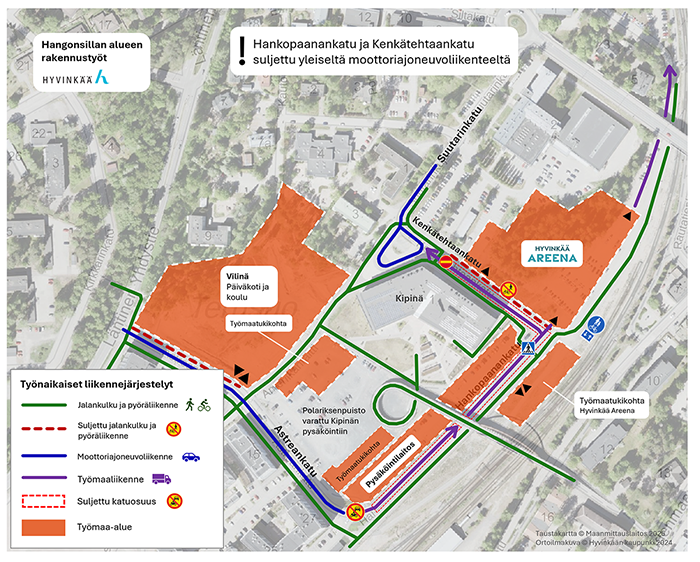 Työnaikaiset liikennejärjestelyt Hangonsilta 25-8-2025.
