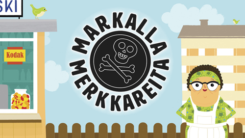 Markalla merkkareita Piirretty kuva, jossa on kioski ja kioskin täti