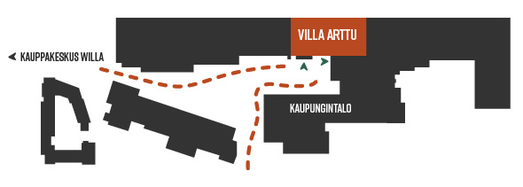 Villatehtaan aluekartta, johon on merkitty Villa Artun sijainti ja reitit
