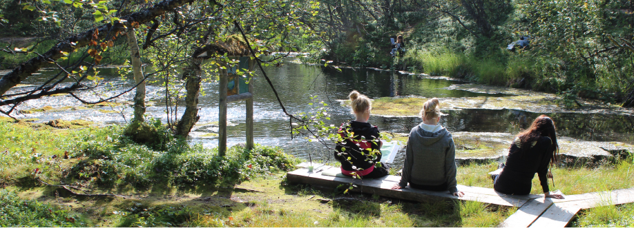 Kolme oppilasta istuu pitkospuilla vesistön edessä. Etu- ja taka-alalla puita