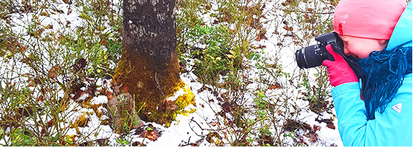 Oikeassa reunassa lapsi maassa polvillaan. Kuvaa kameralla maahan päin lumisessa metsässä. 