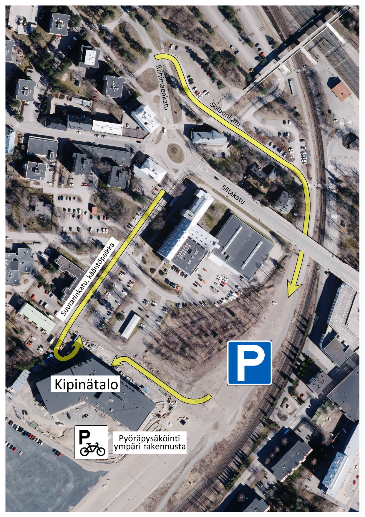 kartta Kipinään saapumiseen Suutarinkadulta tai Solbonkadulta