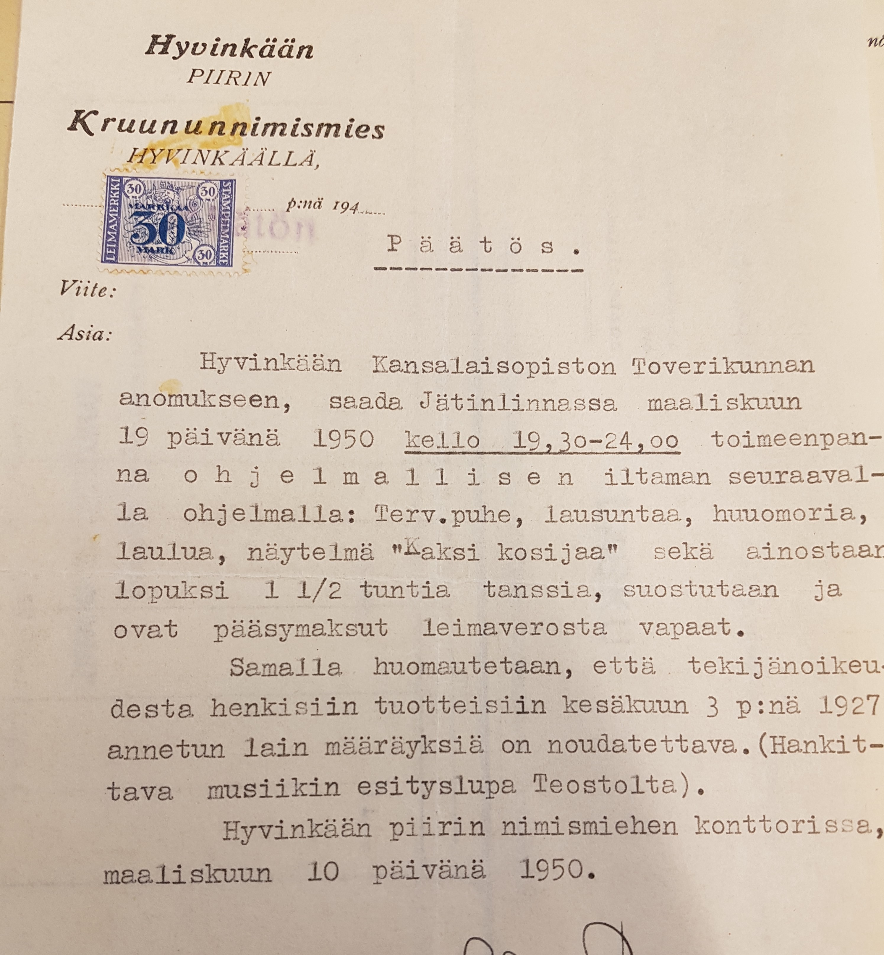 kruununnimismiehen päätös iltamien järjestämisestä