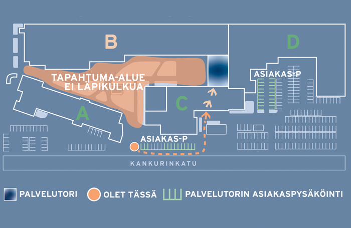 Kartta poikkeusreitistä palvelutorille.