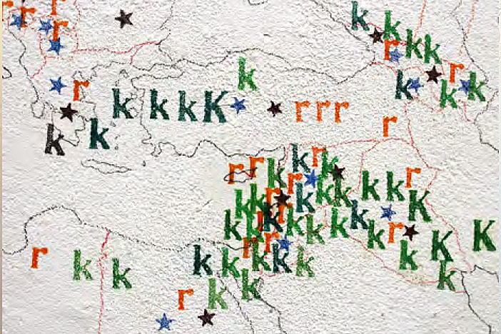 Kuvassa on yksityiskohta Pablo Hermannin teoksesta Maailman sotakartta