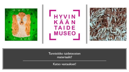 Materiaalitehtävien vastausten etusivu - kuvassa lukee Tunnistatko taideteosten materiaalit - katso vastaukset