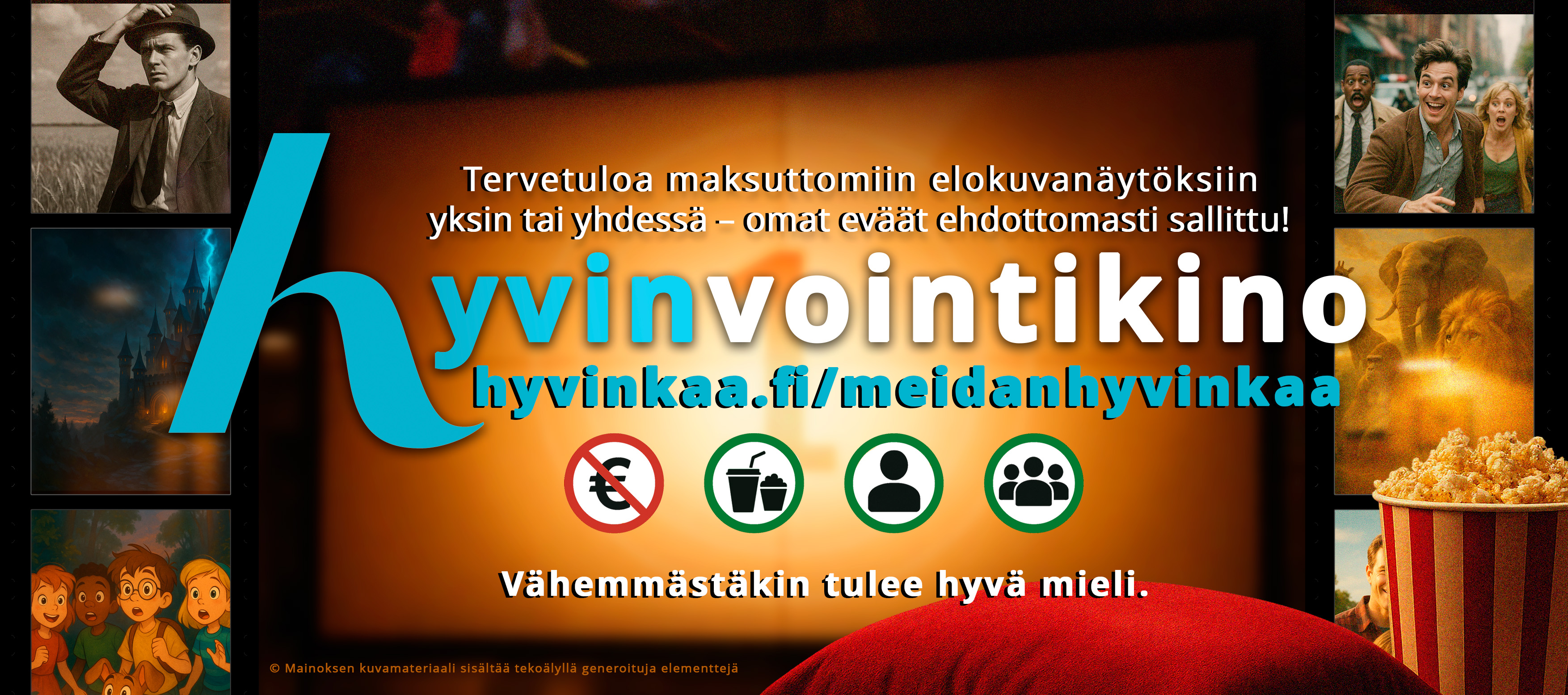 Mainosjuliste Hyvinvointikinosta: lämminsävyinen elokuvateatterimaisema, keskellä teksti hyvinvointikino ja linkki hyvinkaa.fi/meidanhyvinkaa. Juliste kutsuu maksuttomiin elokuvanäytöksiin yksin tai yhdessä, omat eväät sallittu. Ikonit korostavat maksuttomuutta, eväitä ja yhdessä/itse katsomista. Reunoilla on erilaisia elokuvakuvia (animaatio, seikkailu, komedia). Alhaalla teksti: “Vähemmästäkin tulee hyvä mieli.”