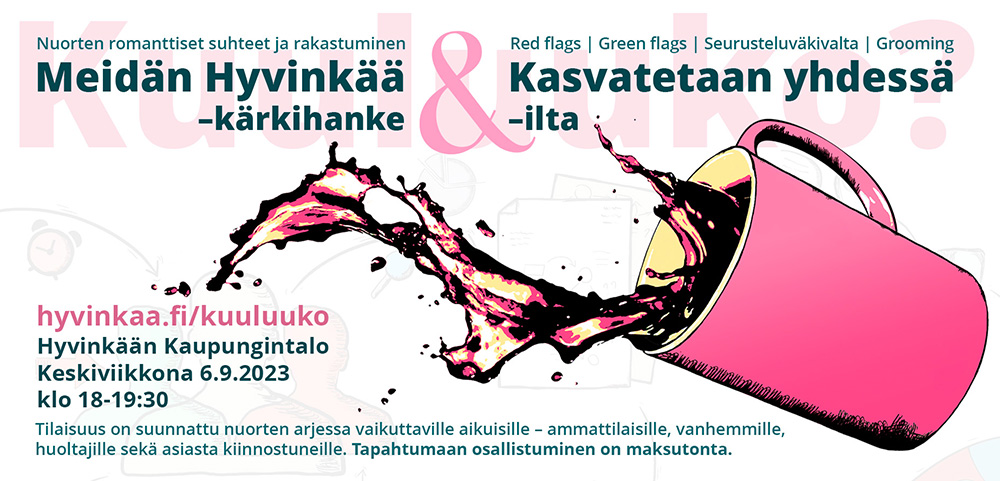 Kuuluuko? -paneelikeskustelu 6.9.2023 mainos. Kuvassa kaatuva muki, ns. kuppi nurin