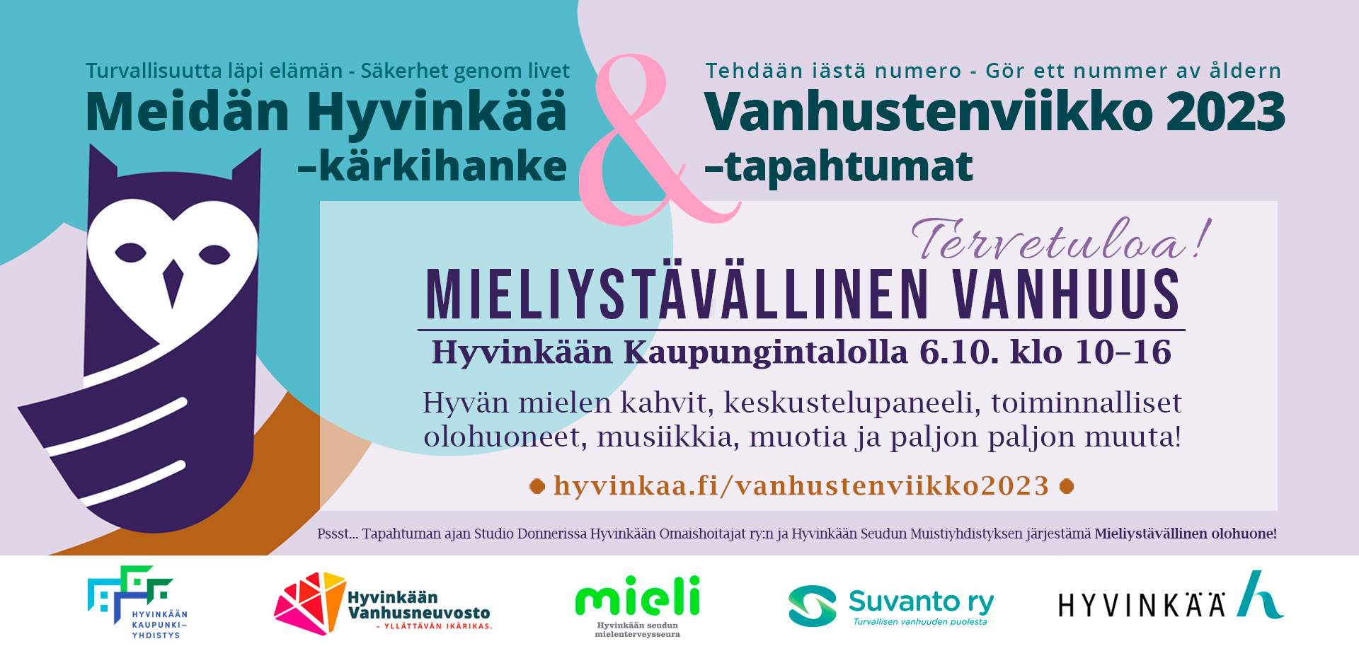 Mieliystävällinen vanhuus tapahtuman bannerikuva, vasemmalla sininen pöllö, keskellä infolaatikko.