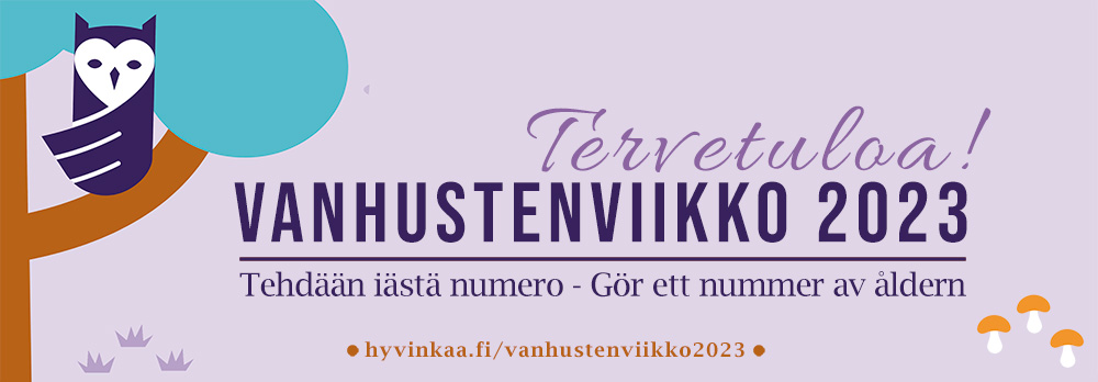 Kuvassa puu, jonka oksalla istuu pöllö. Vieressä teksti: Tervetuloa vanhustenviikko 2023!