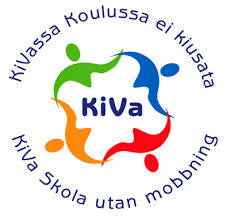 KiVa koulu -logo, jossa lukee Kivassa koulussa ei kiusata.Kiva Skolan utan mobbning.