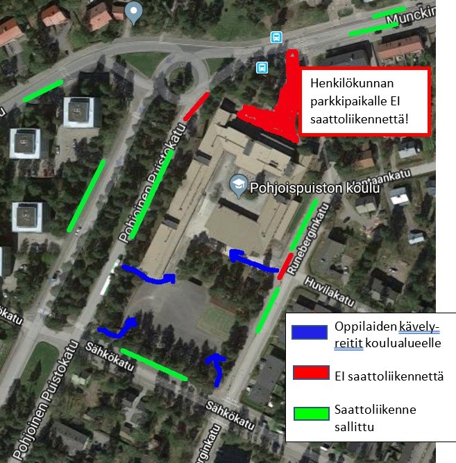 Oppilaiden saattoliikenteen opastus. Vihreällä merkitty sallitut huoltajien pysäytyskohdat, sinisellä oppilaan saapumisreitit koulualueelle. Punaisella on merkitty kielletyt pysähtymispaikat.