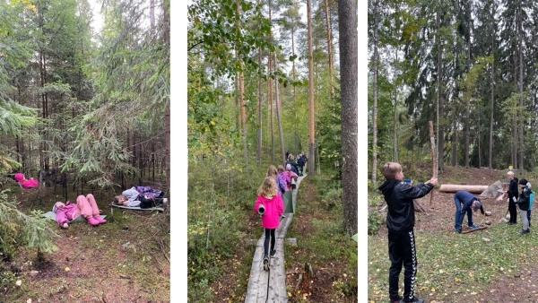 Kolme kuvaa oppilaista tekemässä harjoituksia metsässä.
