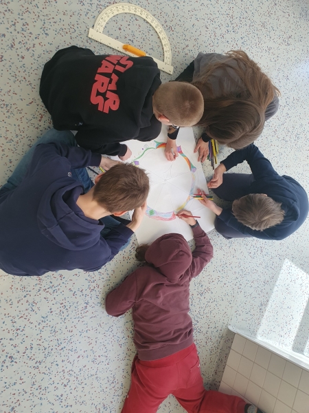 oppilasryhmä piirtämässä mandalaa lattialla