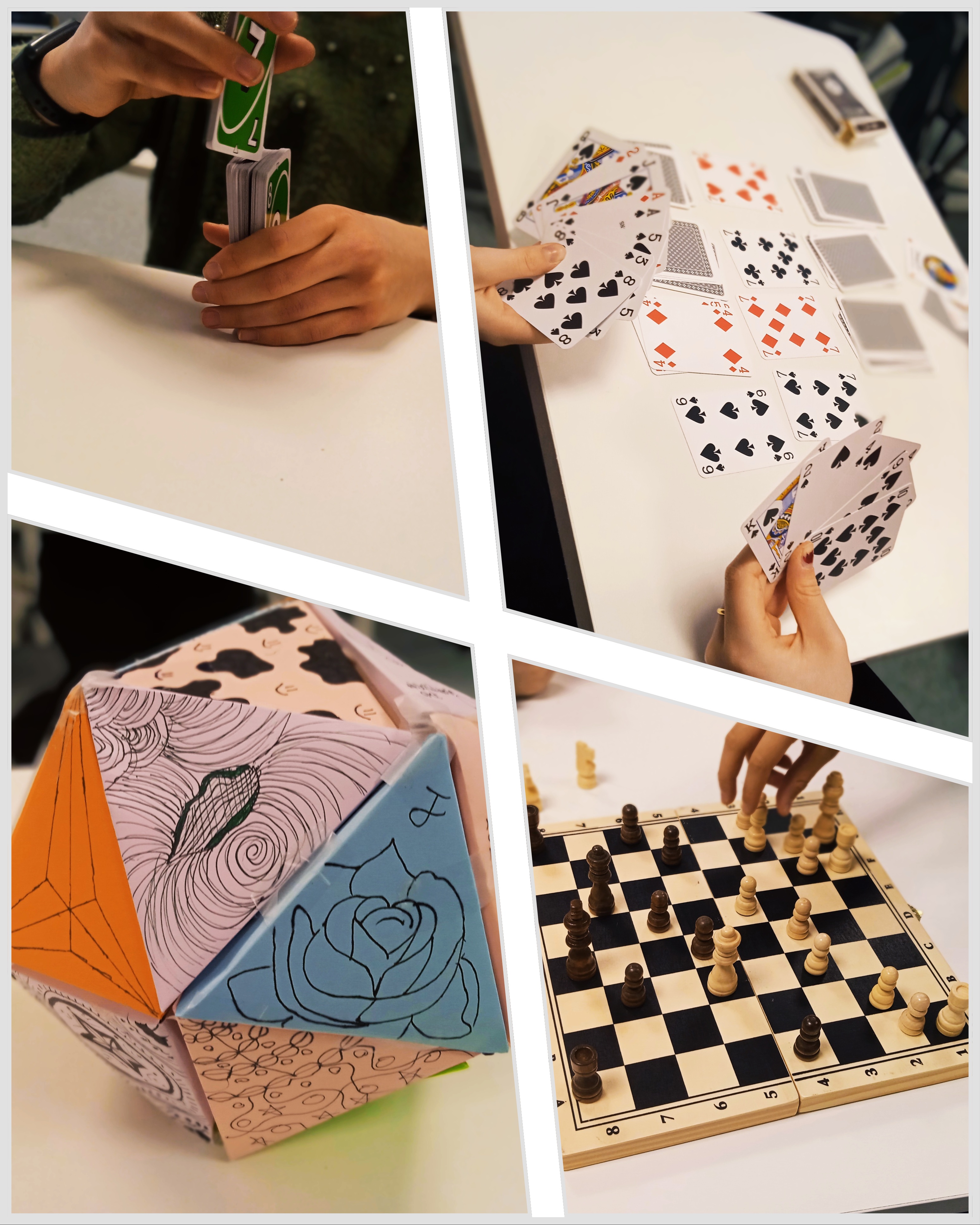 Kuvituskuvakollaasi, jossa näkyy oppilaita valinnaisen matematiikan toiminnalisen matematiikan osion tunnilla. Pelataan Unoa, korttia, shakkia ja lisäksi kuvassa on oppilaiden askartelema tetraedri