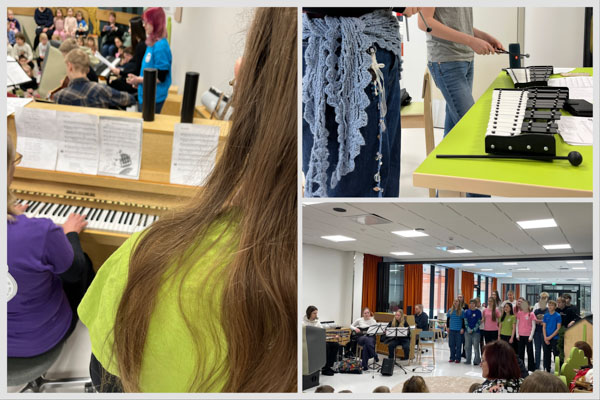 Kollaasi lastenmusiikkikonsertista. Oppilaat soittamassa pianoa, kellopelejä ja esiintymässä luokkana.