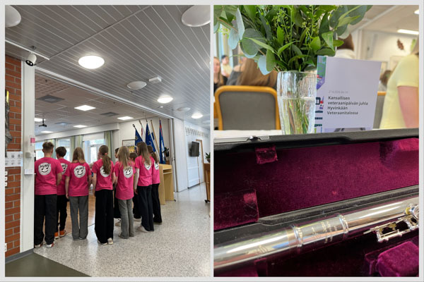 Kahden kuvan kollaasi. Vasemmalla musiikkiluokkalaisia esiintymässä Veteraanijuhlassa. Oikealla oppilaan huilu ja käsiohjelman kansi.