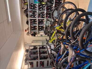 liikuntavälinevarasto: polkupyöriä ja rullaluistimia