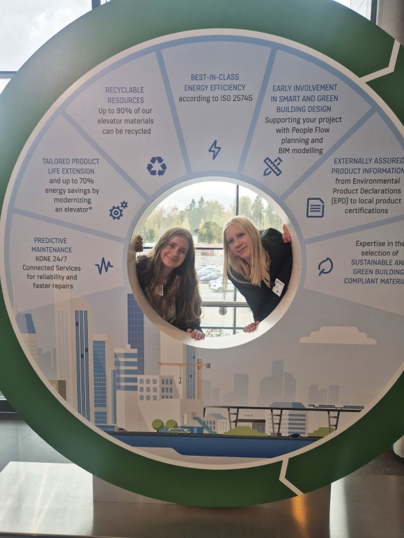 oppilaat esittelytaulun keskellä