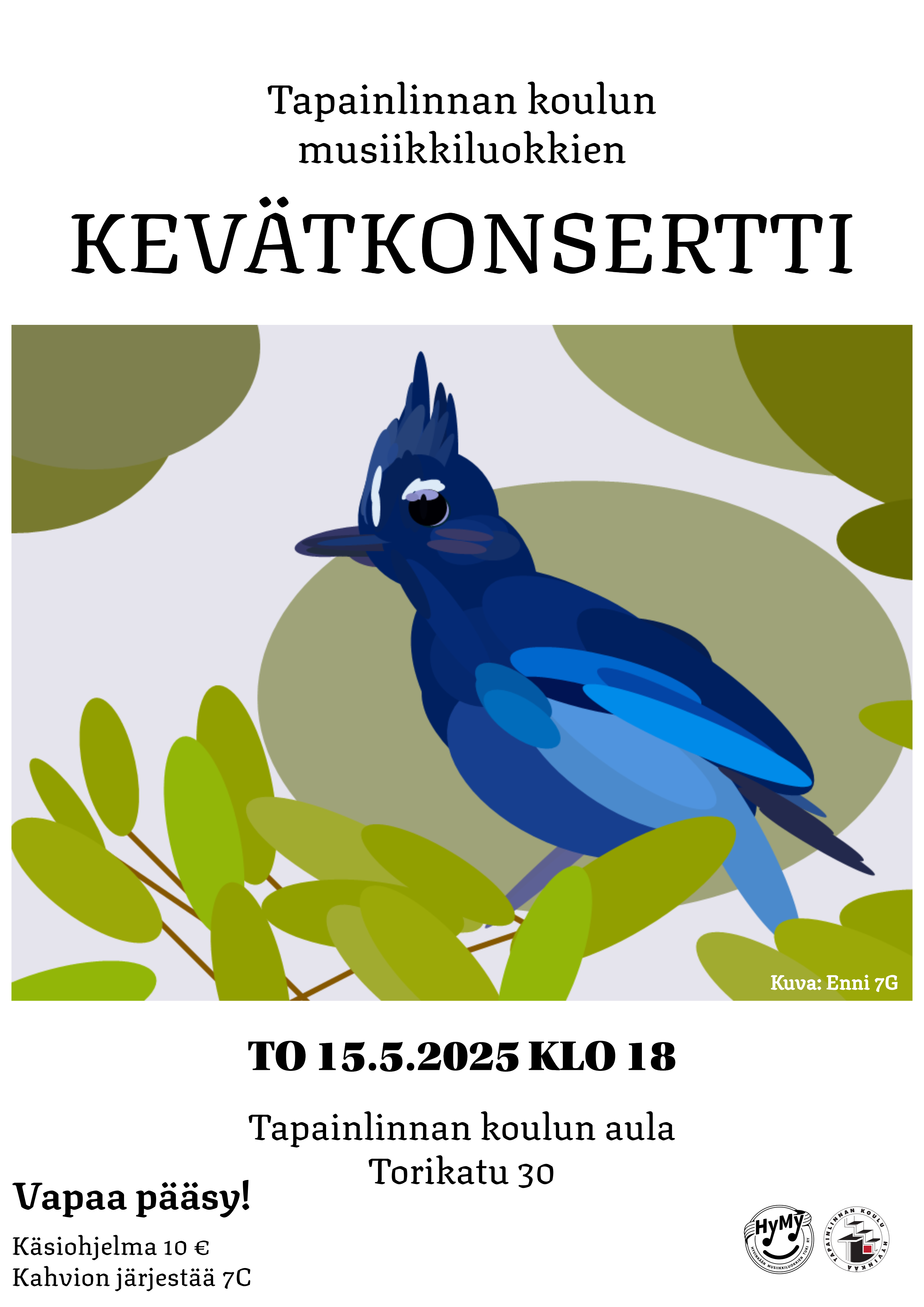 Tapainlinnan koulun musiikkiluokkien kevätkonserttijuliste. Konsertti pidetään torstaina 15.5. klo 18 Tapainlinnan koulun aulassa.