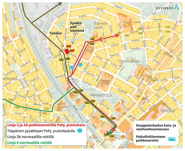 Paikallisliikenteen poikkeusreitti vaiheessa 0+. Klikkaa kuvaa suuremmaksi.
