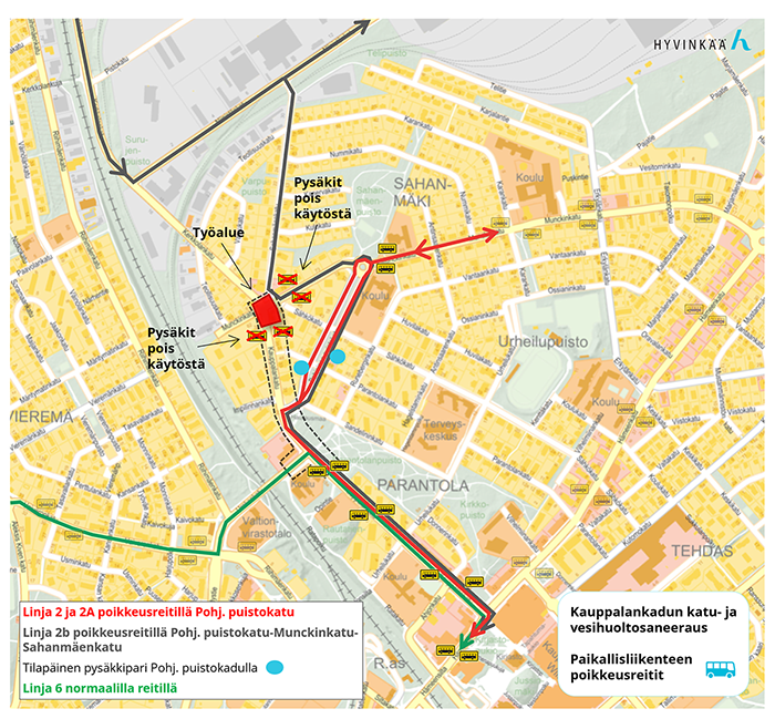 Paikallisliikenteen reitit saneeraustyön vaiheen 1 aikana.