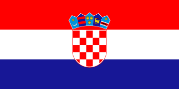 Kuvassa on Kroatian lippu. Kolme vaakaraitaa, ylhäältä punainen, valkoinen, sininen. Keskellä vaakuna.