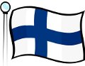 Kuvassa on liehuva Suomen lippu. Piirretty kuva.