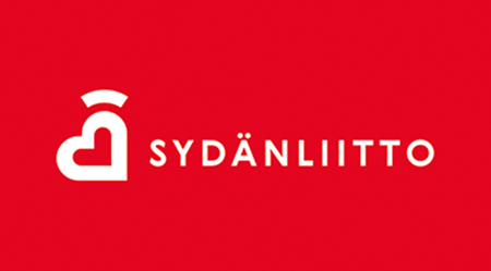 Kuvassa on Sydänliiton logo. Punaisella pohjalla valkoinen sydän ja lukee sydänliitto.