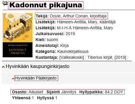 Mallikuva siitä, miten paikallistat jonkun kirjan kirjastossa. Kuvassa mallina Kadonnut pikajuna -kirjan tiedot