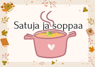 Kuvassa on kiehuva soppakattila, jonka yllä lukee satuja ja soppaa.