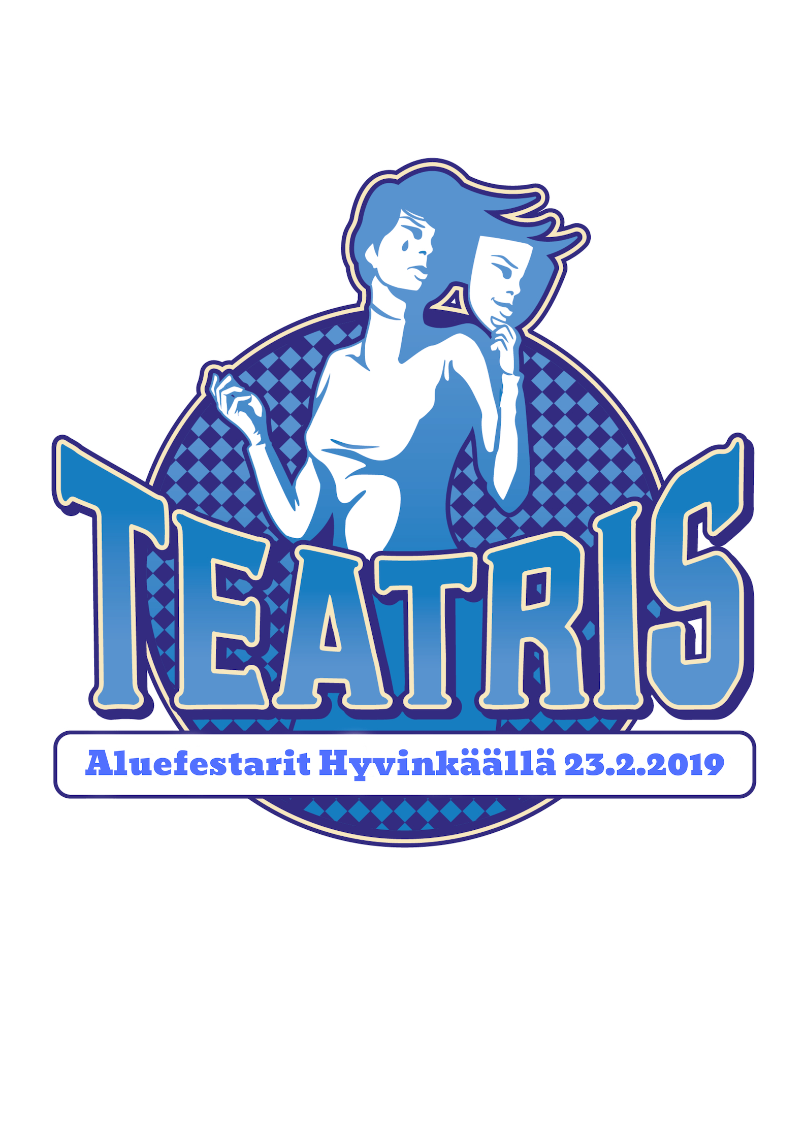 Nuori Kulttuuri Teatris aluefestarin logo Hyvinkää Logon kuvassa nuori pitelee teatterinaamiota ja tekstinä lukee: TEatris, Aluefesarit Hyvinkäällä 23.2.2019