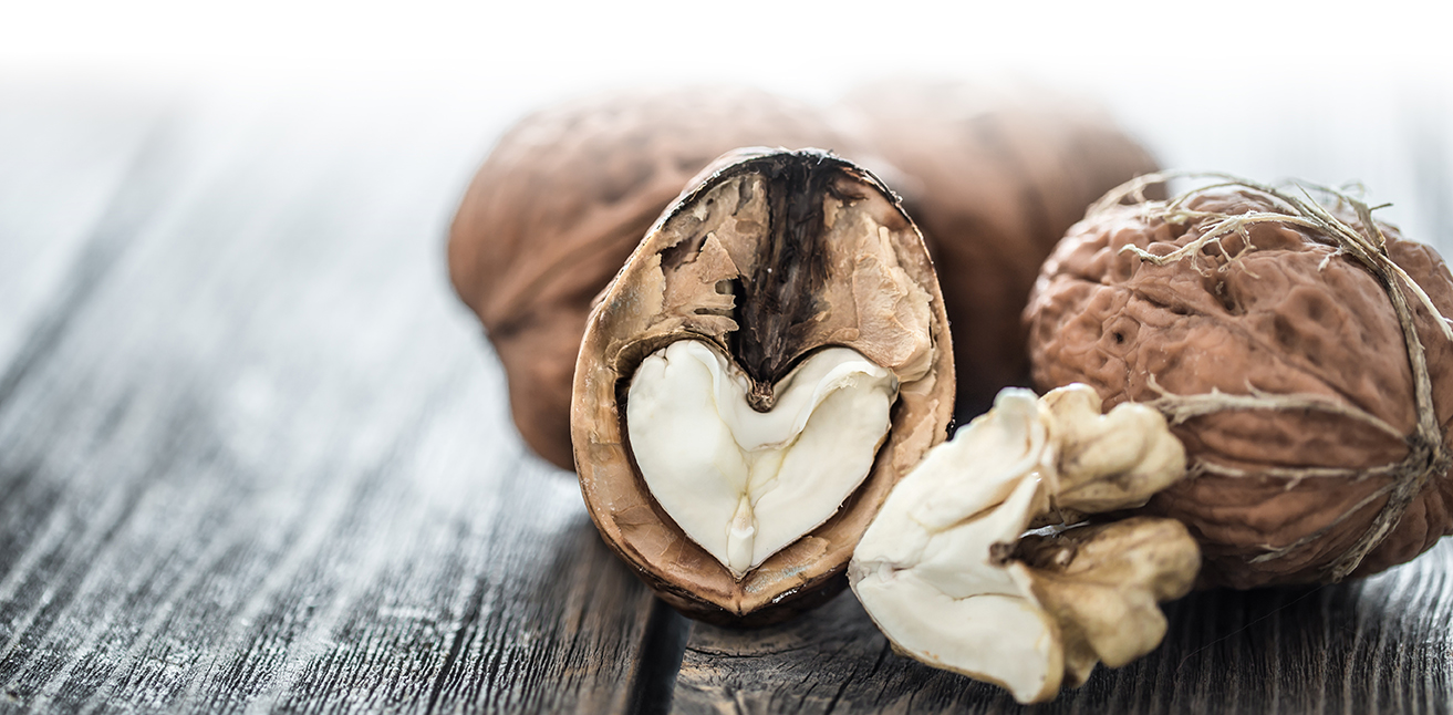 Kuvassa avattu pähkinänkuori, jossa keskellä sydän.