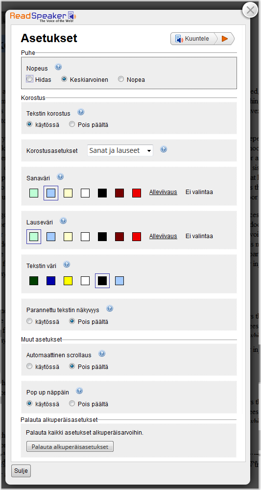 Kuvassa Read Speakerin asetusvalikko