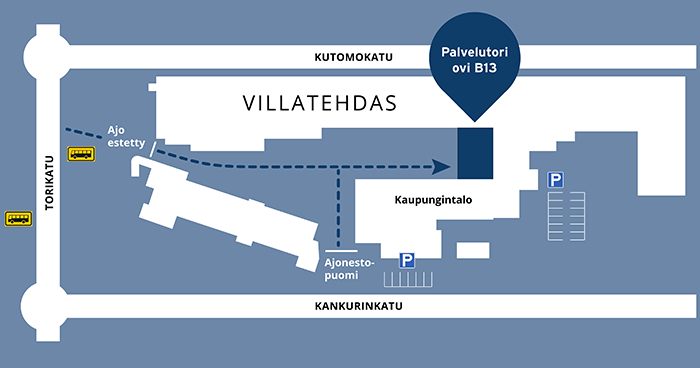 Palvelutorin Lähestymiskartta VIllatehtaalle.