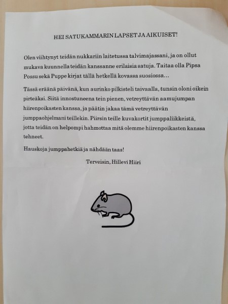 Kuvassa Hillevi Hiiren kirje lapsille jumppaohjeineen